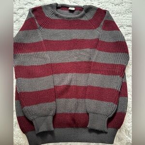 Classic Striped Burgundy and Gray Men's Crewneck Sweater